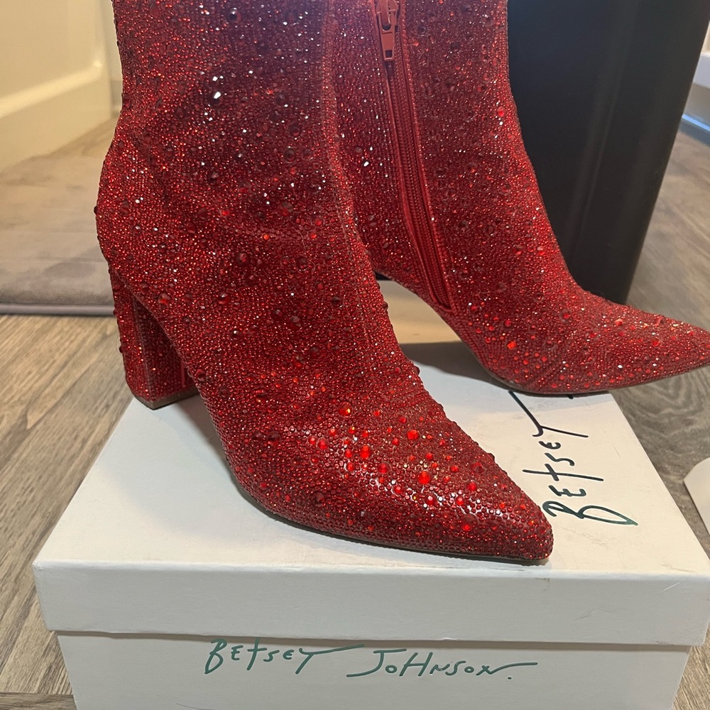 Betsey Johnson Red Glitter Heeled Boots
